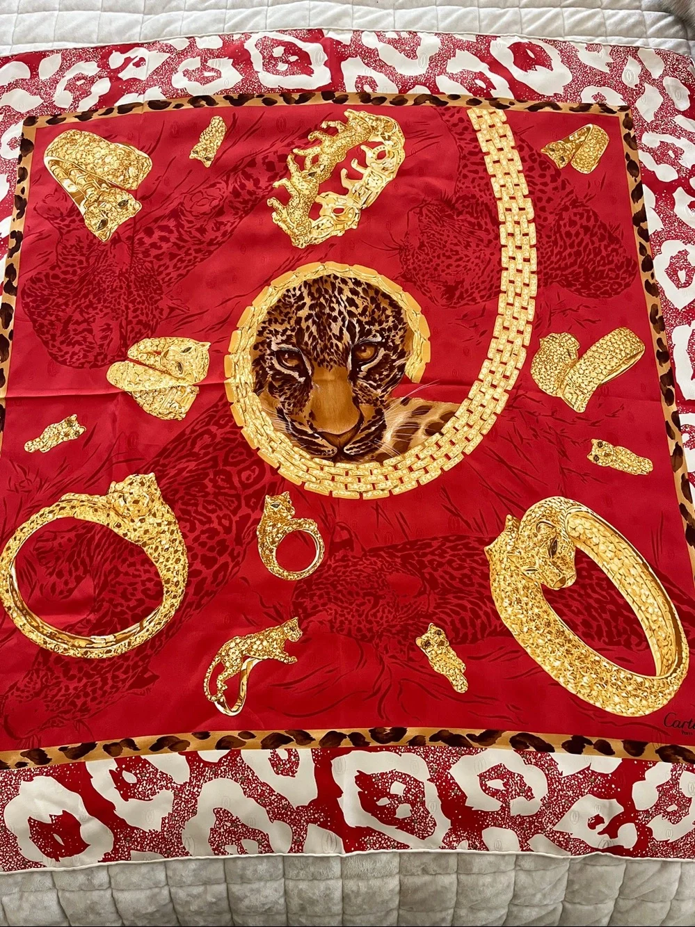 Cartier Red & Gold Silk Scarf with Leopard Motif